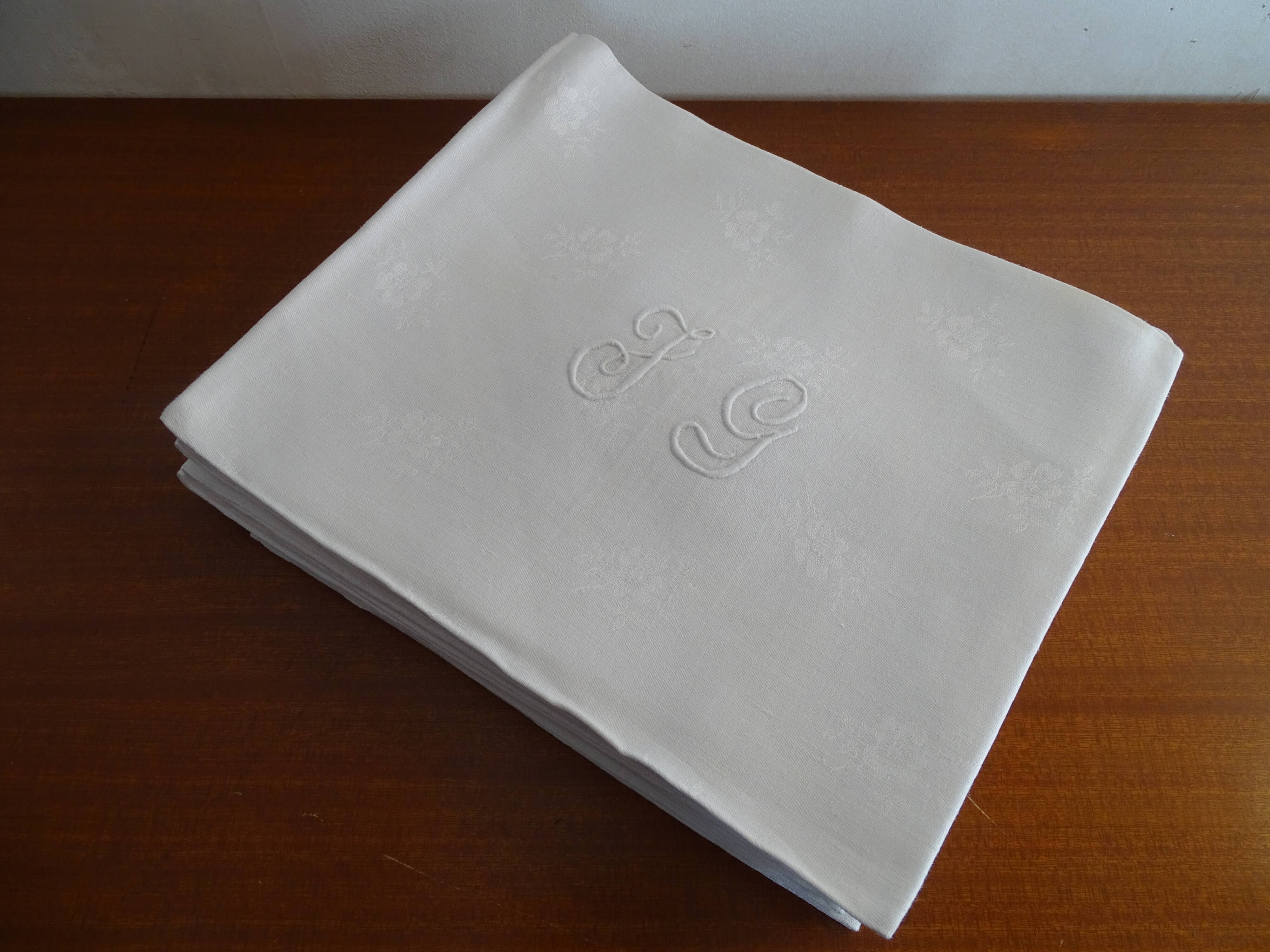 Lot de 10 serviettes de table brodées coton damassé monogramme J.G