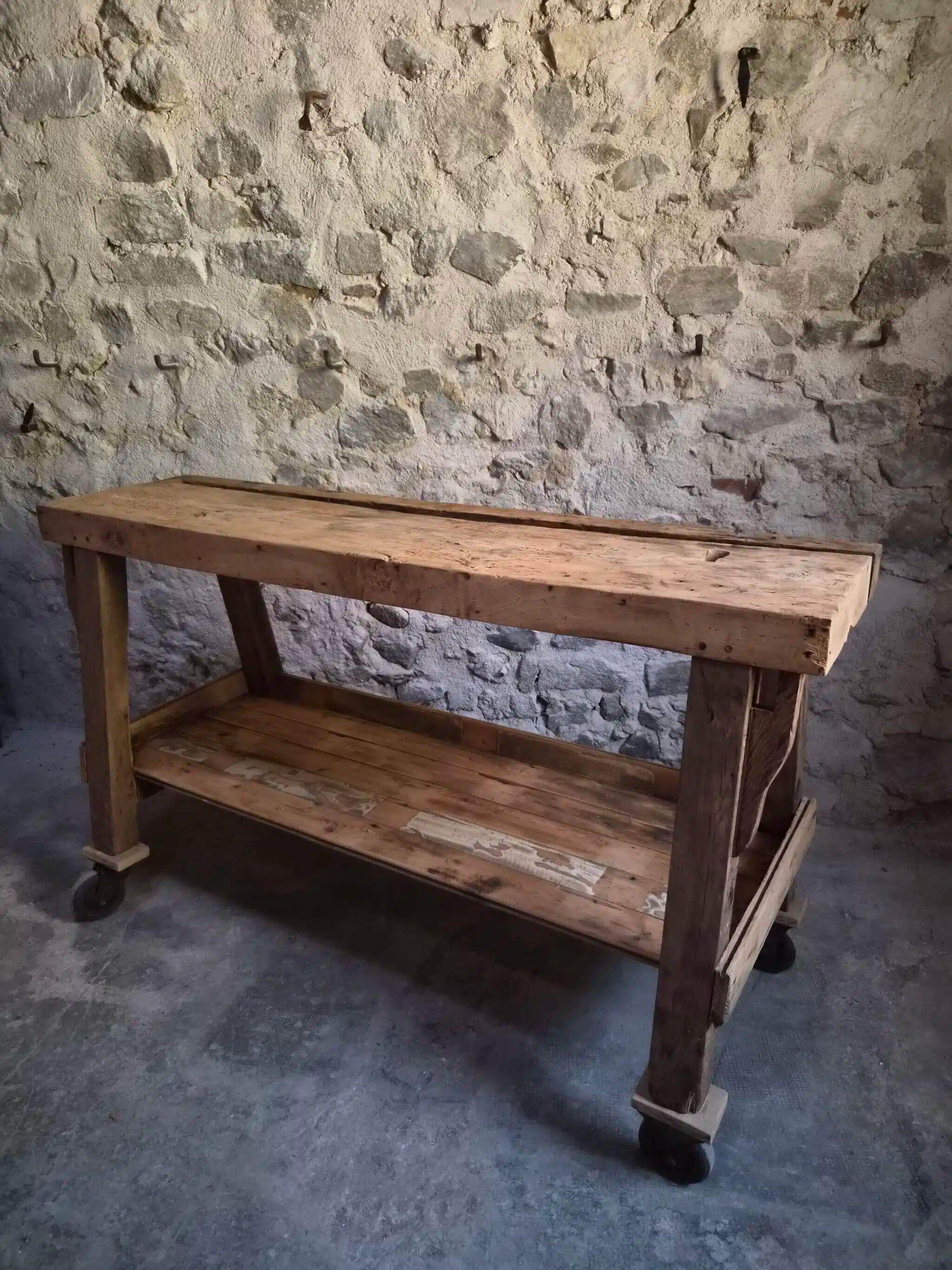 French industrial kitchen island, antique work table in chestnut and oak, circa 1900.