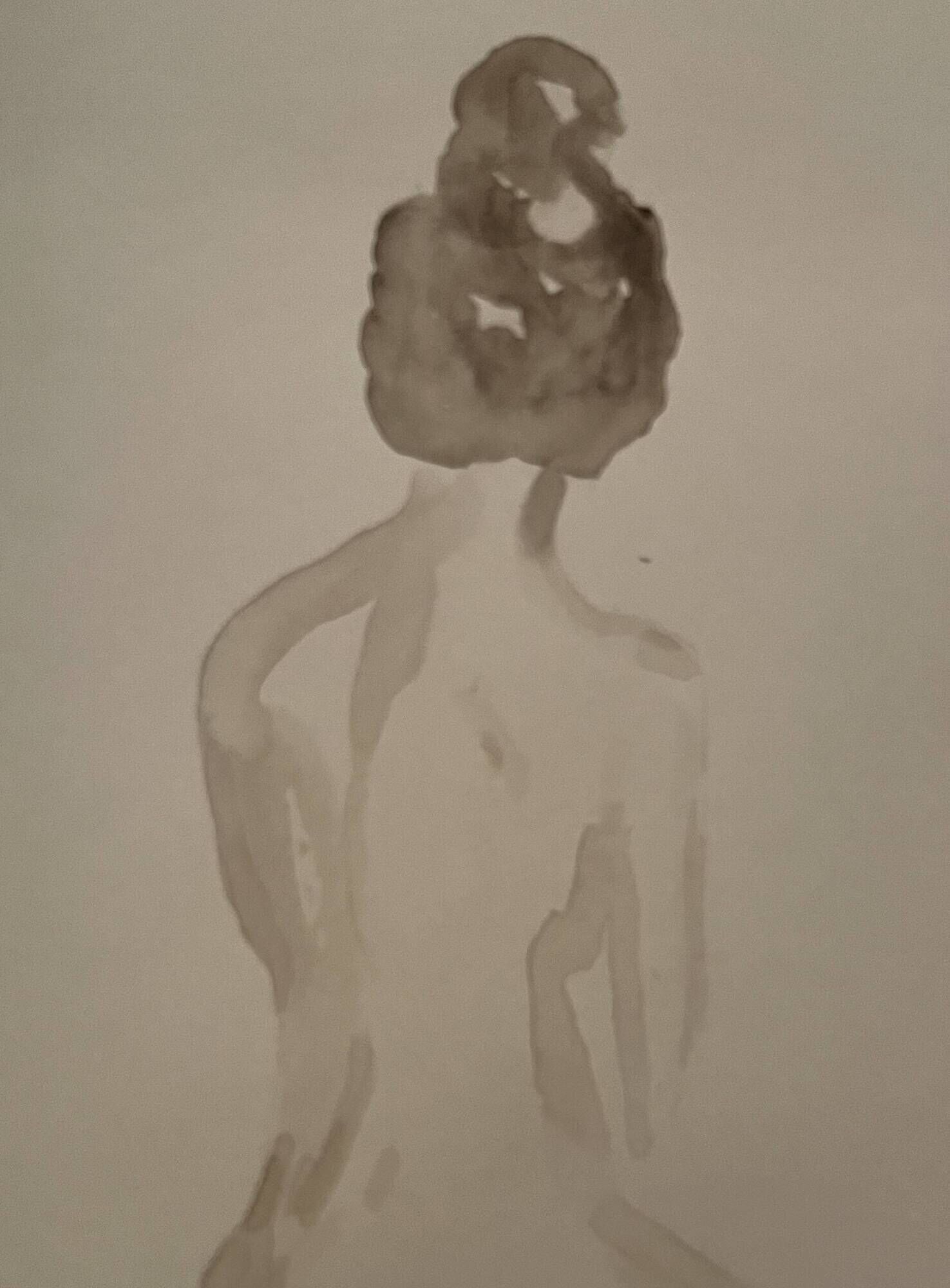 Signed painting monochrome watercolor sepia female portrait "the wait"