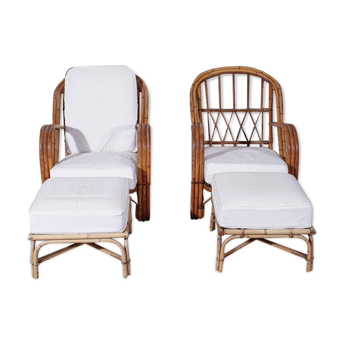 Pair of rattan armchairs with this ottoman by Audoux Minet, 1960