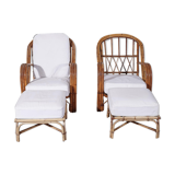 Pair of rattan armchairs with this ottoman by Audoux Minet, 1960