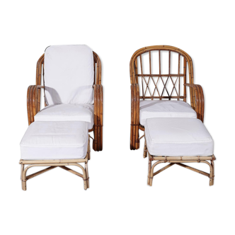 Pair of rattan armchairs with this ottoman by Audoux Minet, 1960