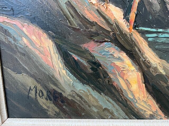 Old painting HST Signed Morel Boat by the Sea