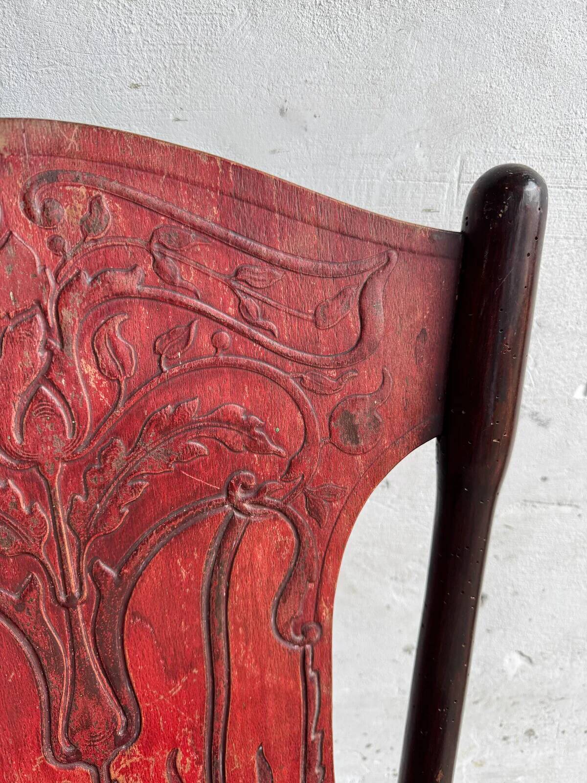 Set of 4 Art Nouveau bent beech wood chairs, deep red-brown embossed seats (Jacob & Josef Kohn, ca.1900)