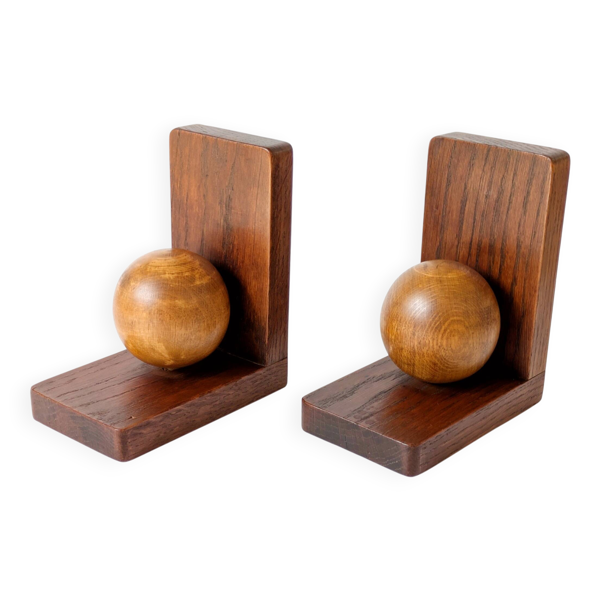 Pair of antique oak ball bookends, Midcentury Art Deco