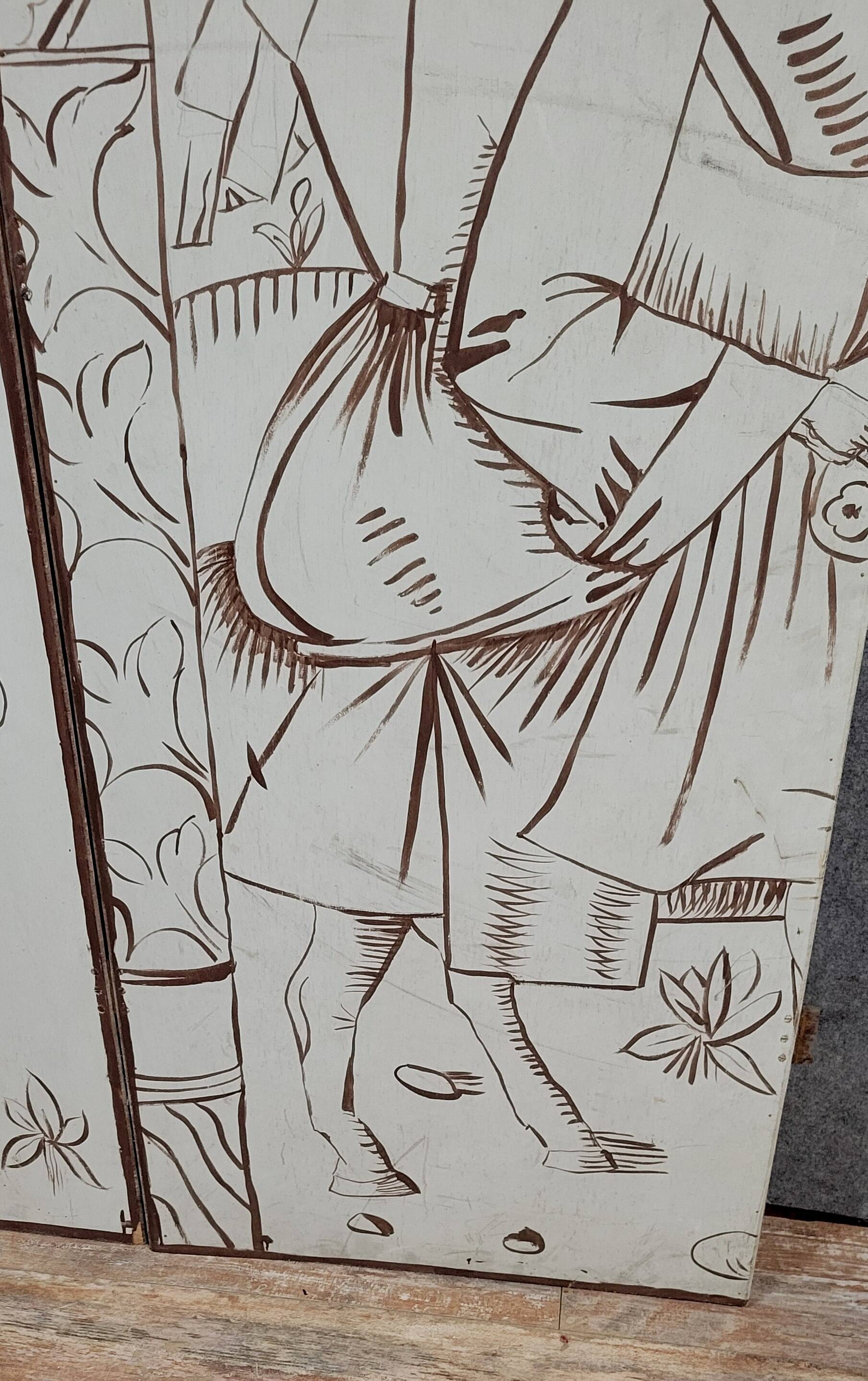 Two-leaf screen depicting a historical figure and symbols