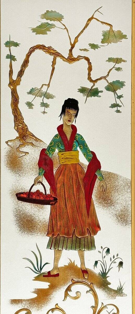 Brasserie mirror in gilded glass with a design of chinoiserie scenes.