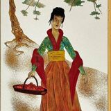 Brasserie mirror in gilded glass with a design of chinoiserie scenes.