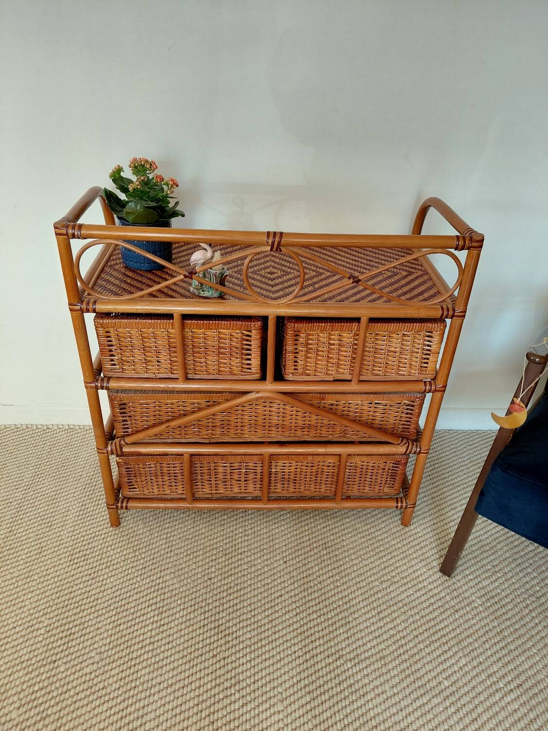 Commode vintage en rotin 4 tiroirs-esprit bohème-bord de mer