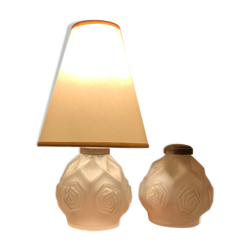 Pair of Art Deco pressed glass vases converted into lamps signed Carrillo.