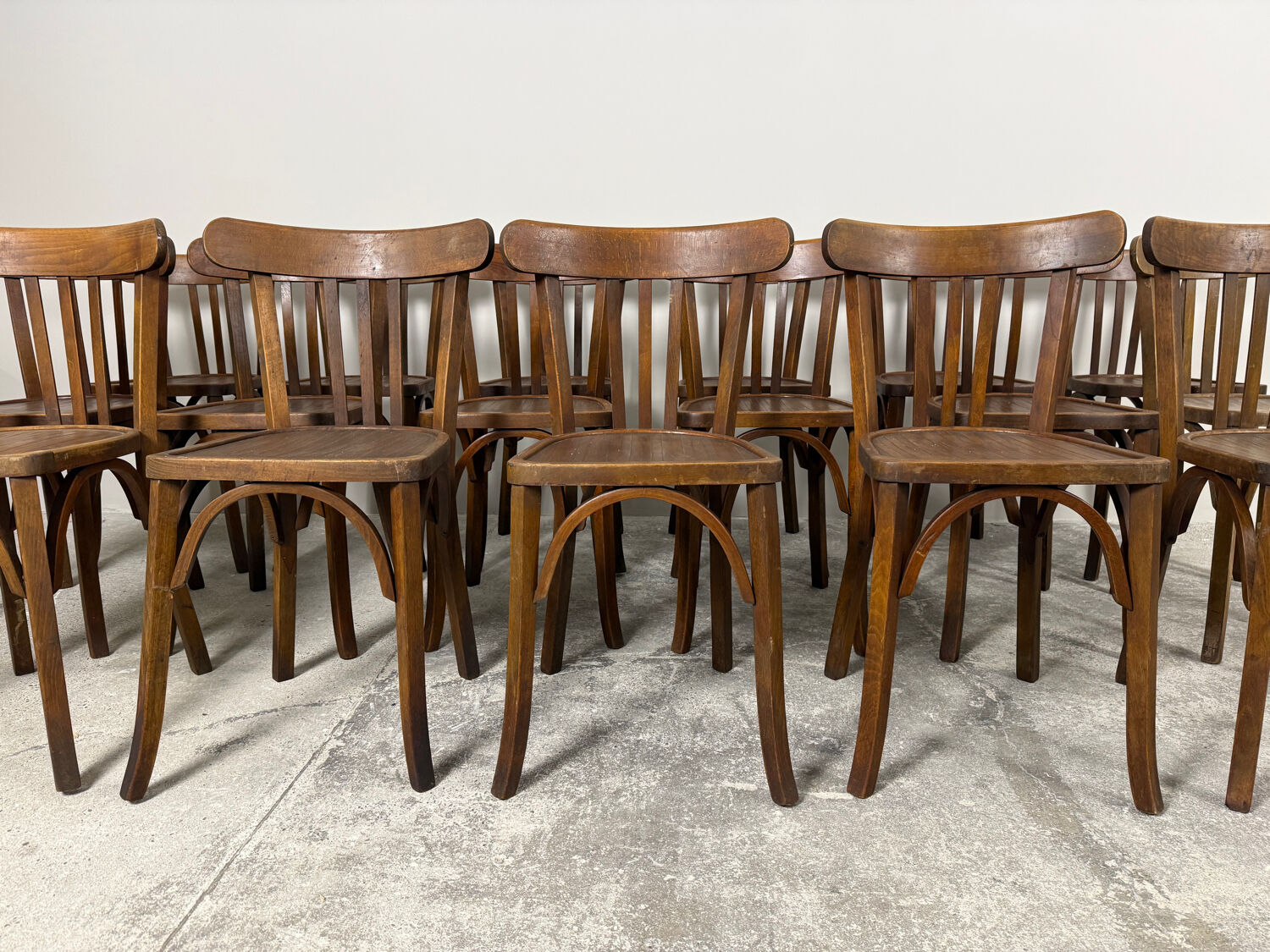 Set of 17 vintage bistro chairs in curved wood — striped seat, be