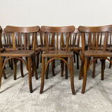 Set of 17 vintage bistro chairs in curved wood — striped seat, be