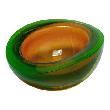 Vintage Mid Century Murano Glass Bowl in Matte Green with Orange Accents