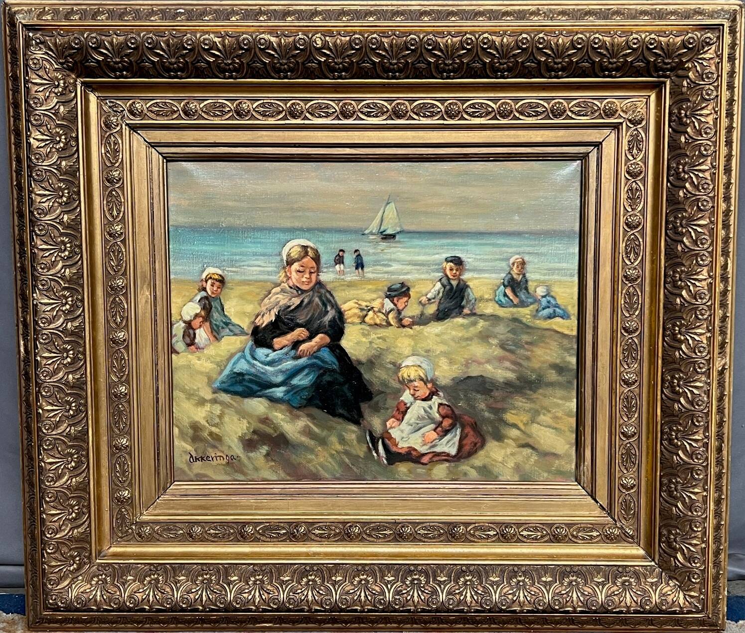 Johannes Evert Akkeringa (1861-1942). “Children playing on the beach”. Famous Dutch artist.