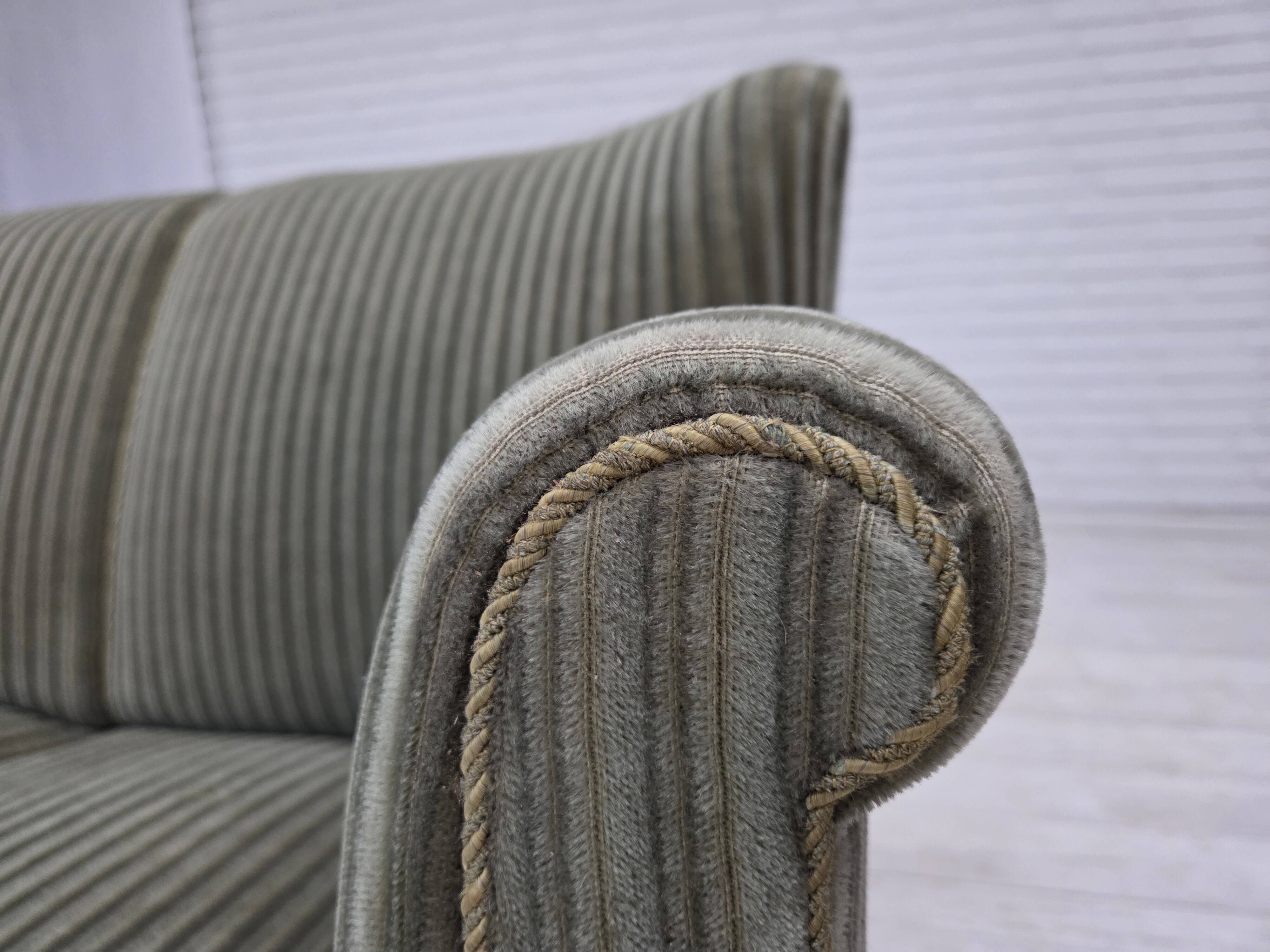 1960s, Danish 3-seater sofa, original green furniture velour, oak wood.