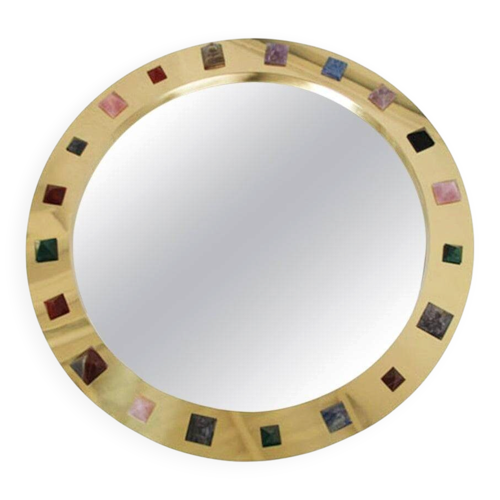Modern Circular Mirror with Brass Frame and Semi-Precious Stone