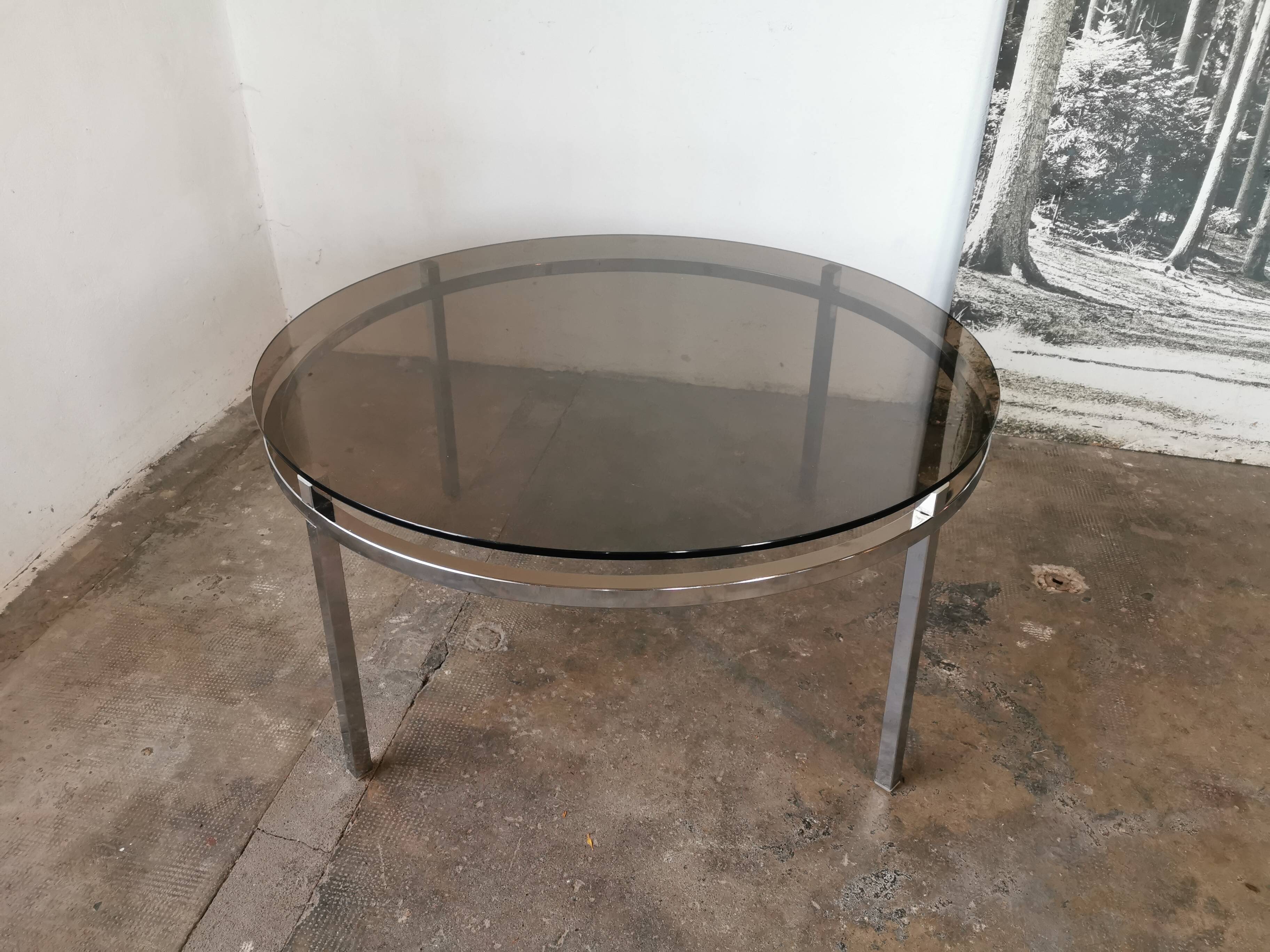 Round coffee table, chrome and smoked glass