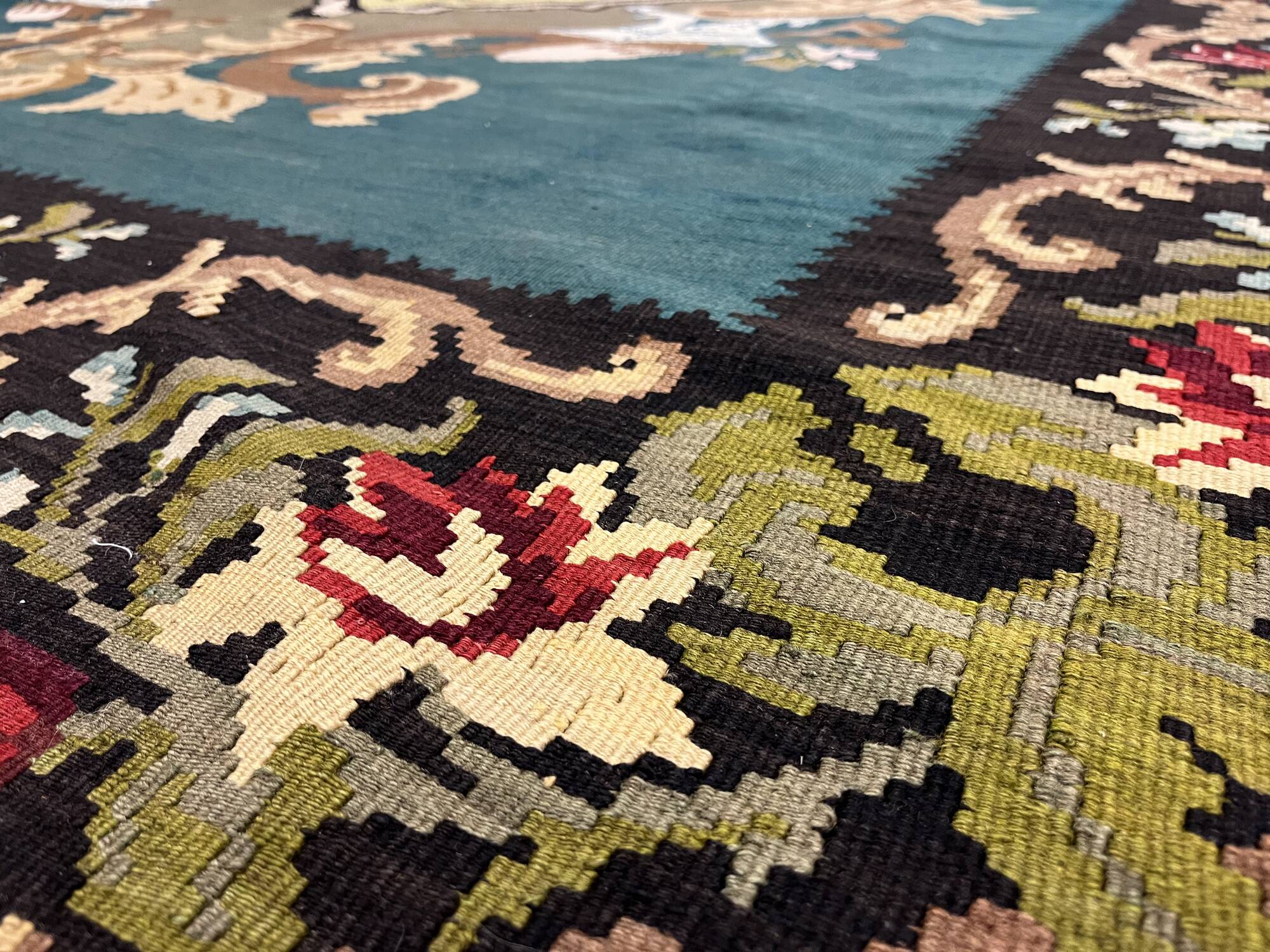Teal Green Kilim Rug Handwoven Oriental Carpet Moldavian Area Square Rug