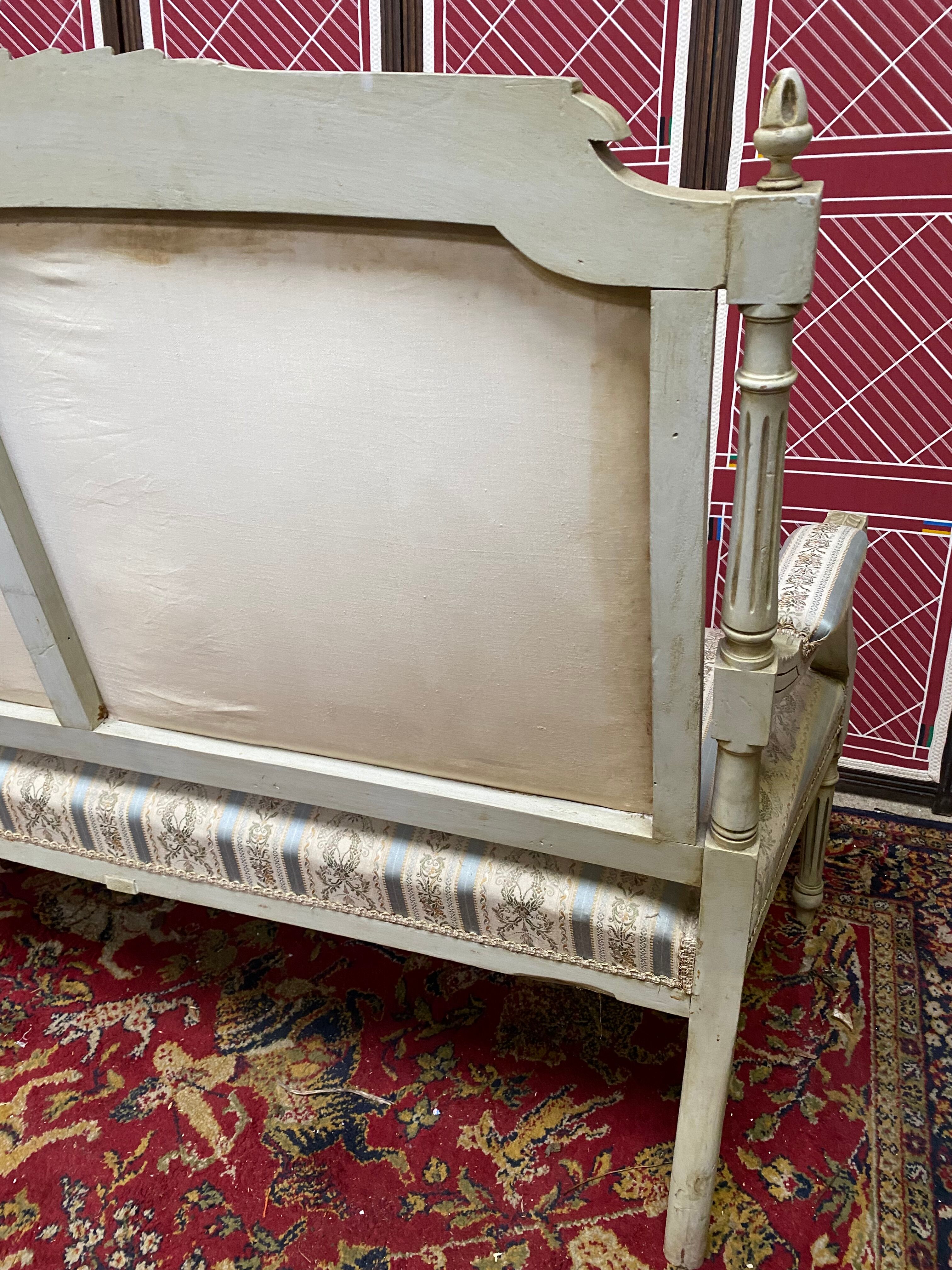 Louis XVI style bench carved with original fabrics and silks