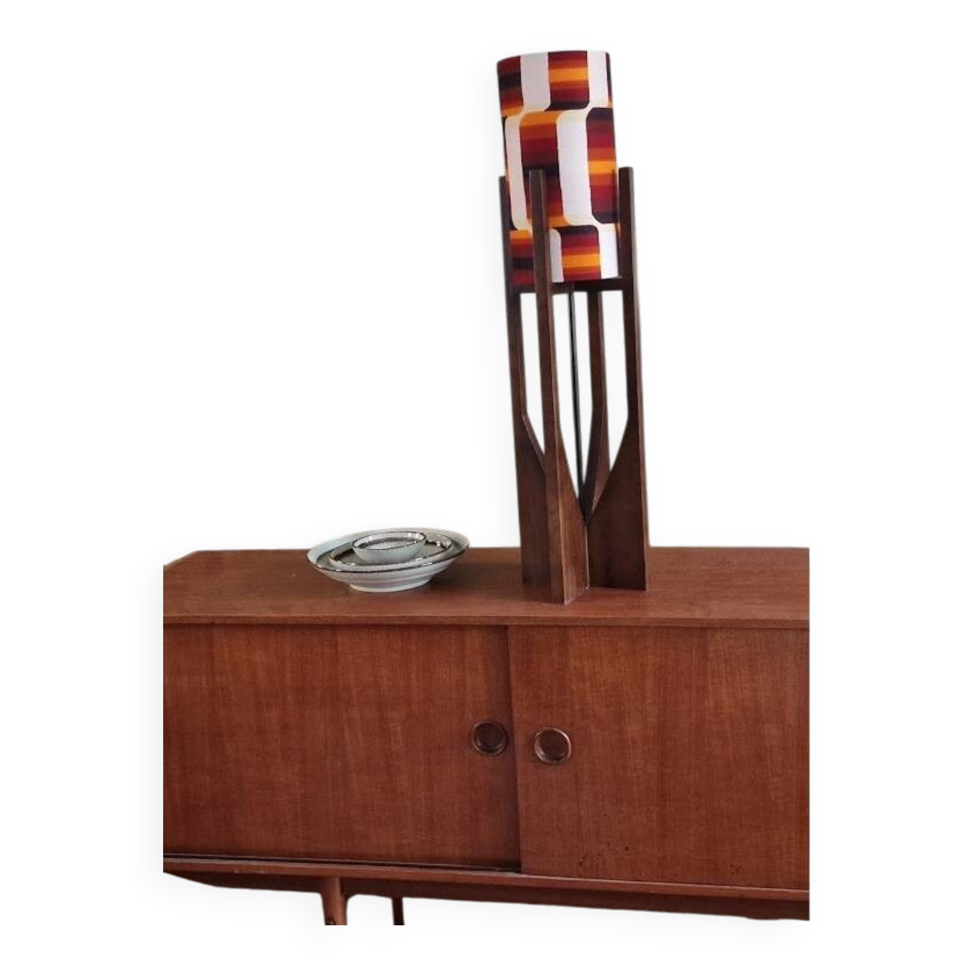 Unique mid-century sculptural walnut lamp – geometric shade