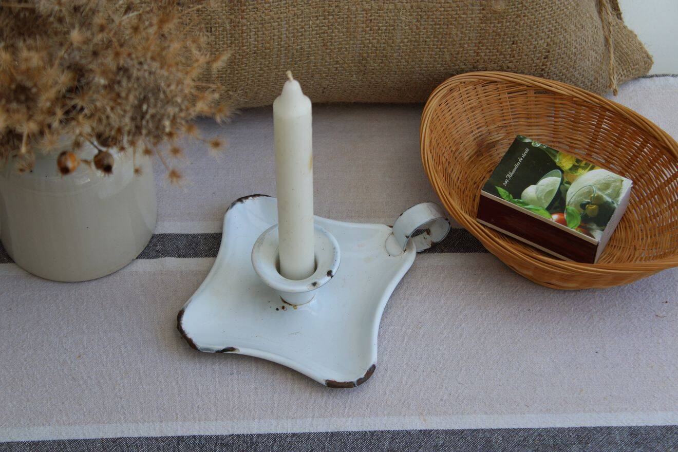 Antique enamel candle holder
