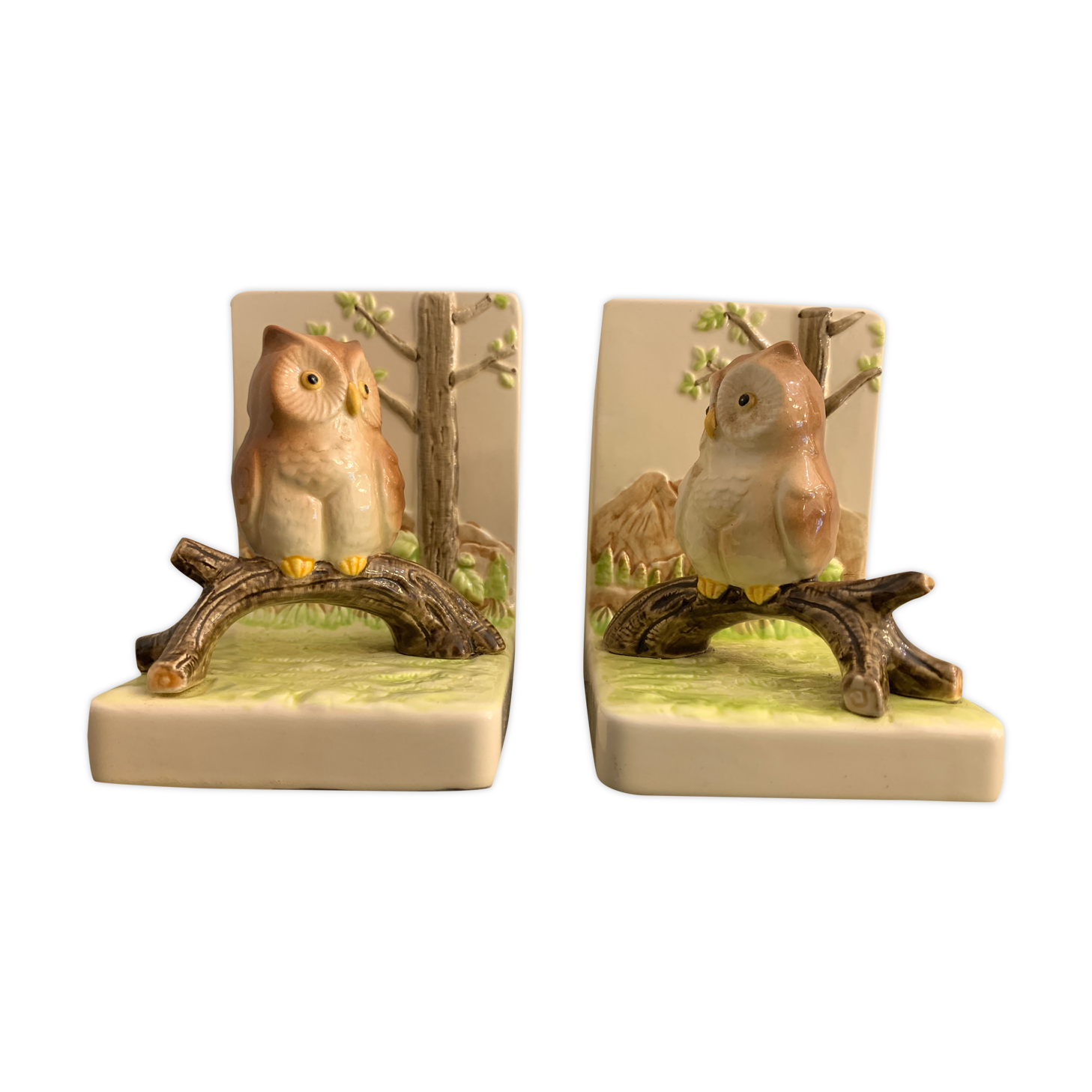 Pair of owl Japanese ceramic book greenhouses, 1980