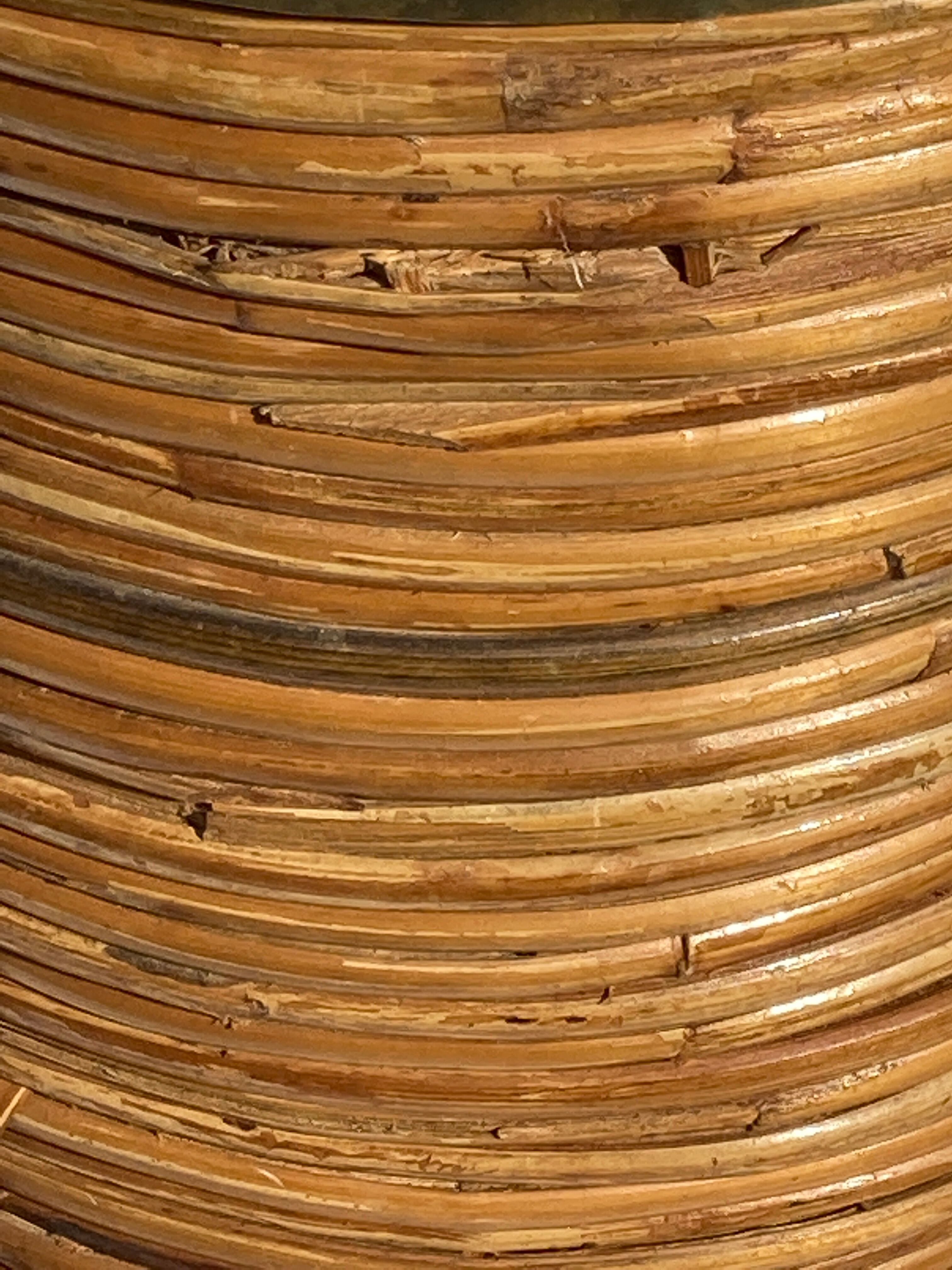 Midcentury rattan wicker and brass umbrella stand or basket