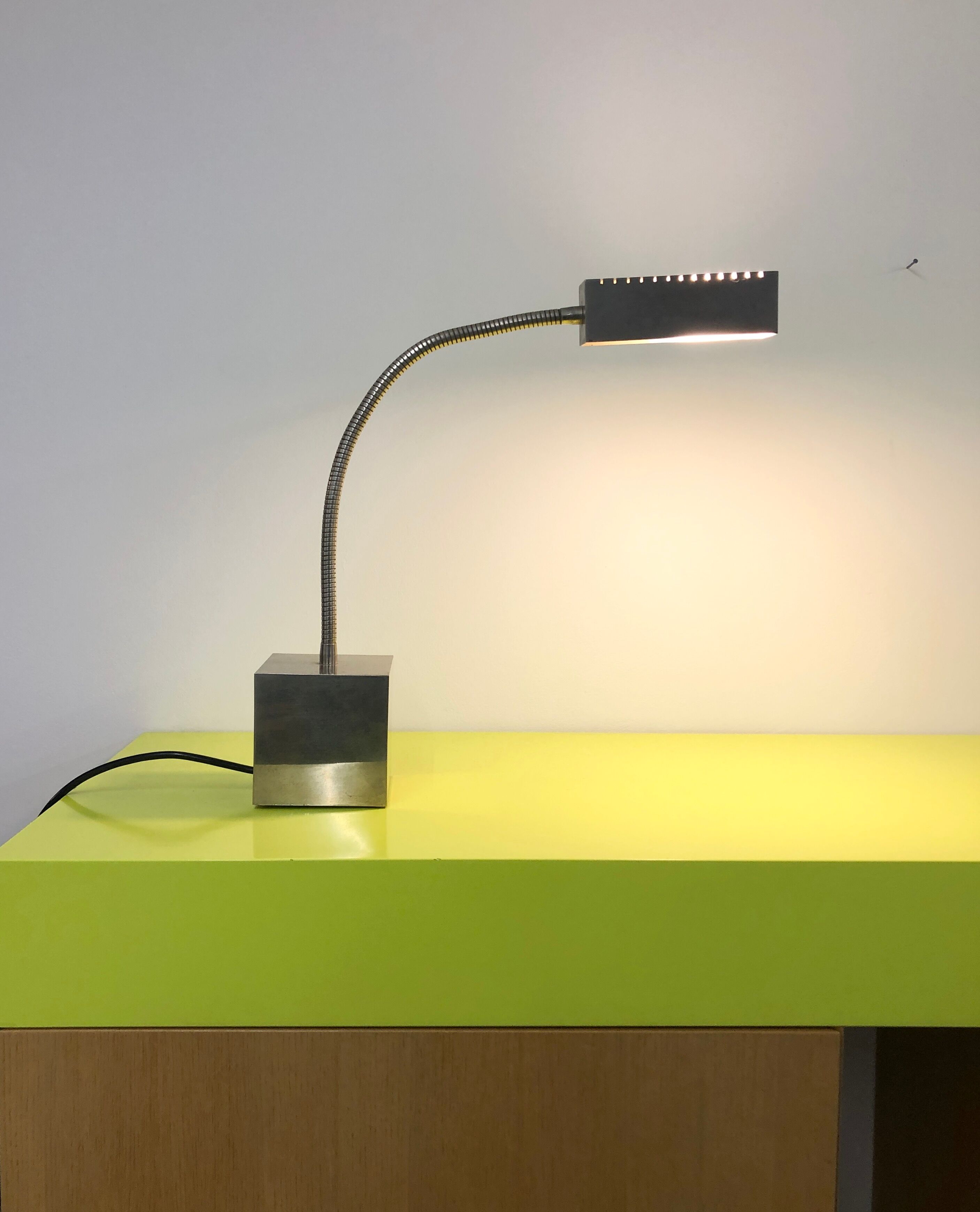 Chrome metal lamp with flexible rod by Michel Boyer for Verre Lumière, 1968