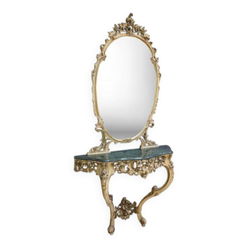 Ensemble Console-Miroir en Bois Peint – XXe