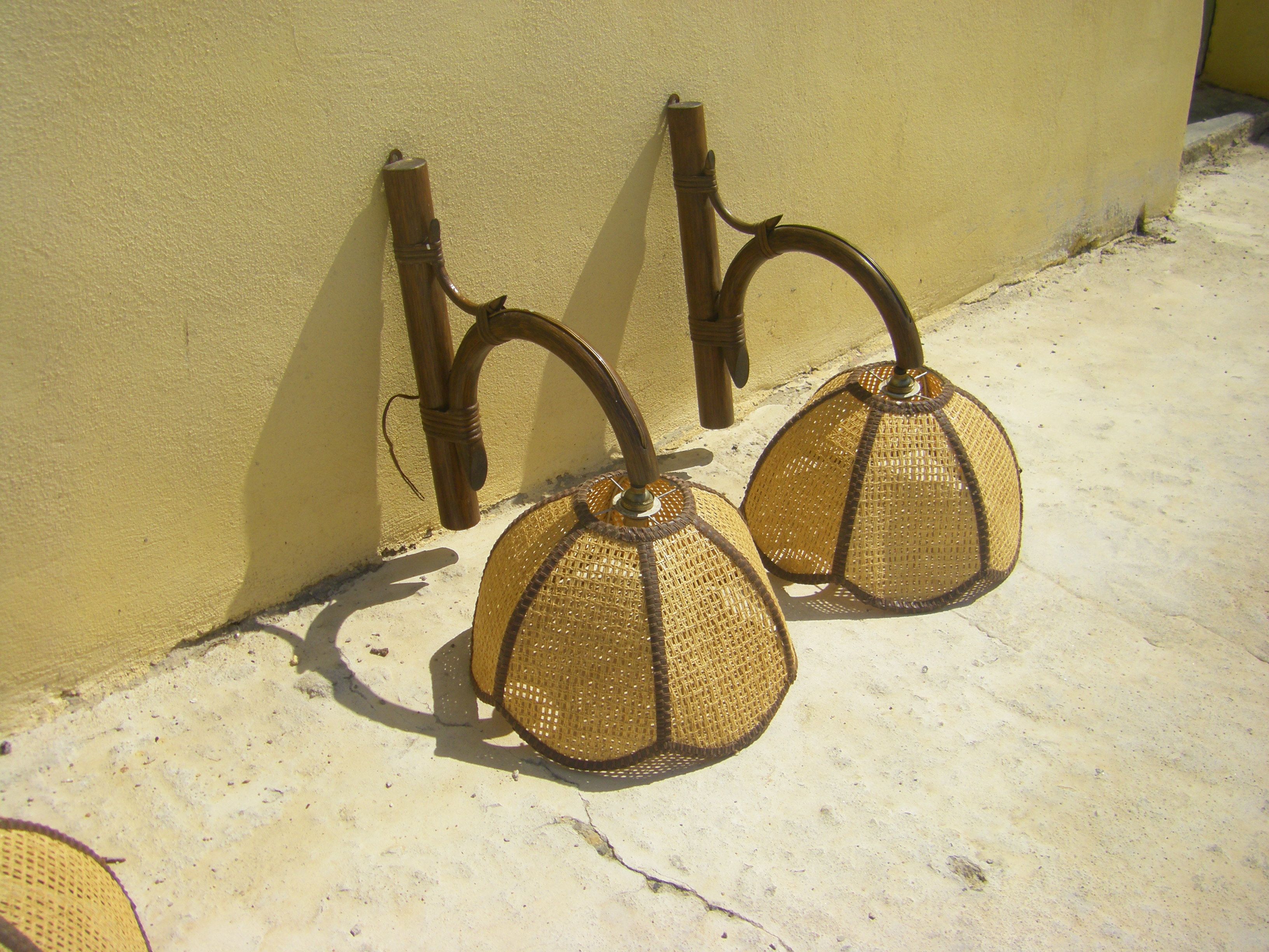 Four vintage rattan wall lamps