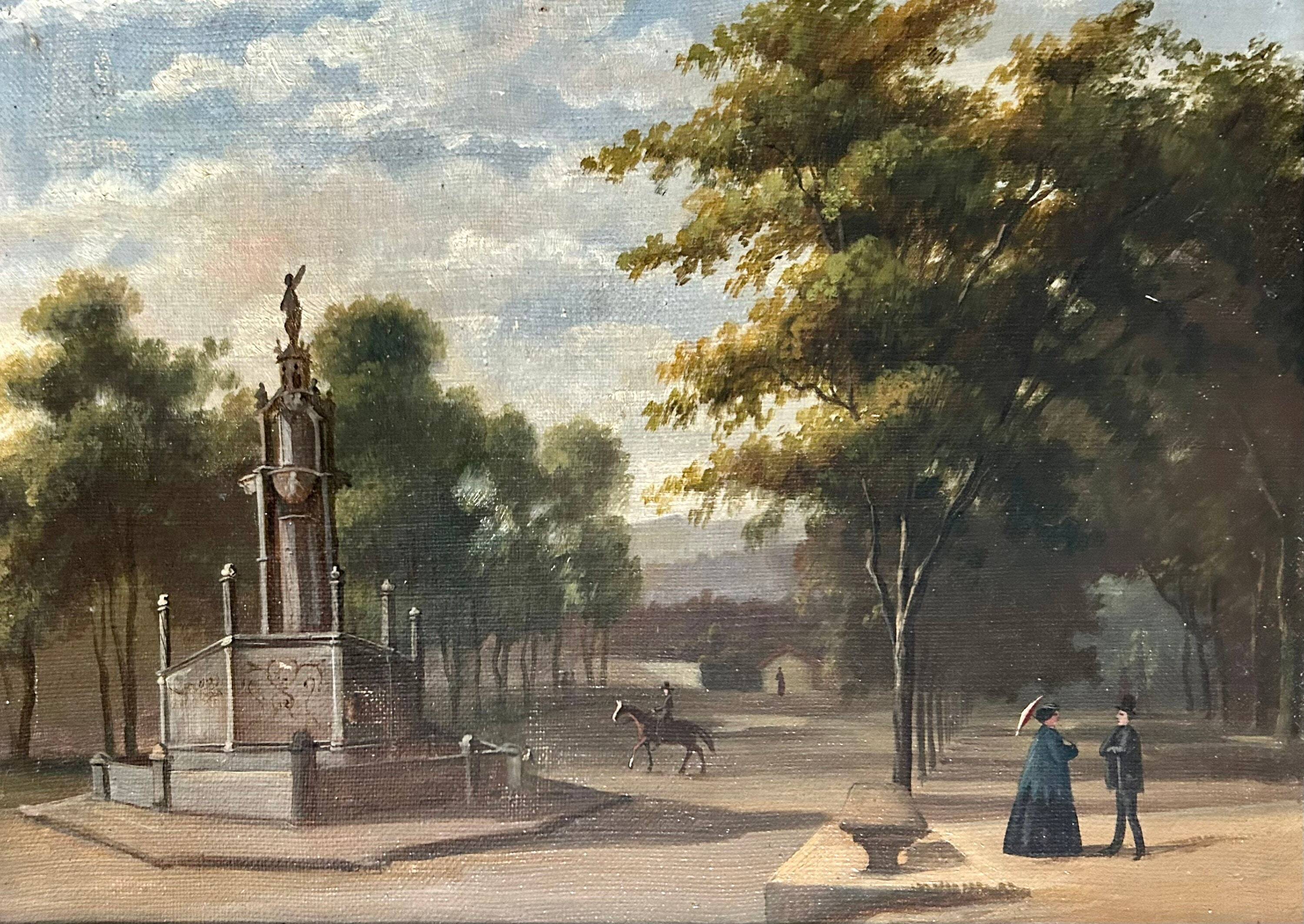 French oil painting from 1880s depicting a park promenade during Victorian era in Paris. Impressioni
