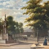 French oil painting from 1880s depicting a park promenade during Victorian era in Paris. Impressioni