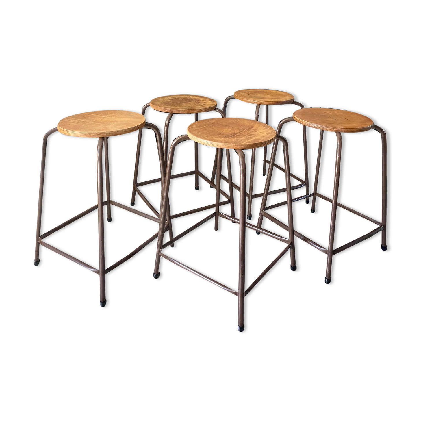Series of 5 metal and wood workshop stools