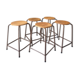Series of 5 metal and wood workshop stools