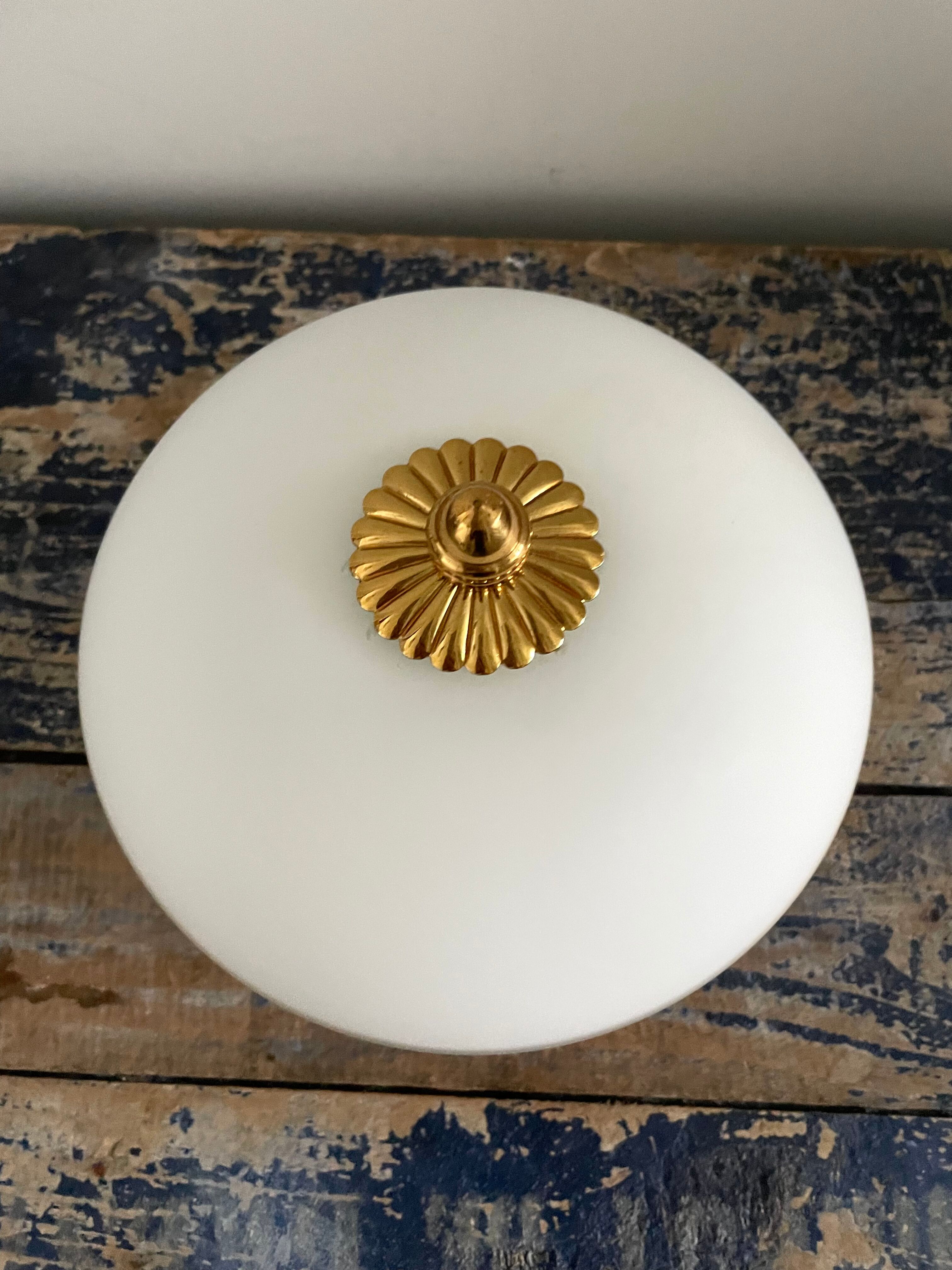 Art deco wall lamp or ceiling lamp in brass and white opaline