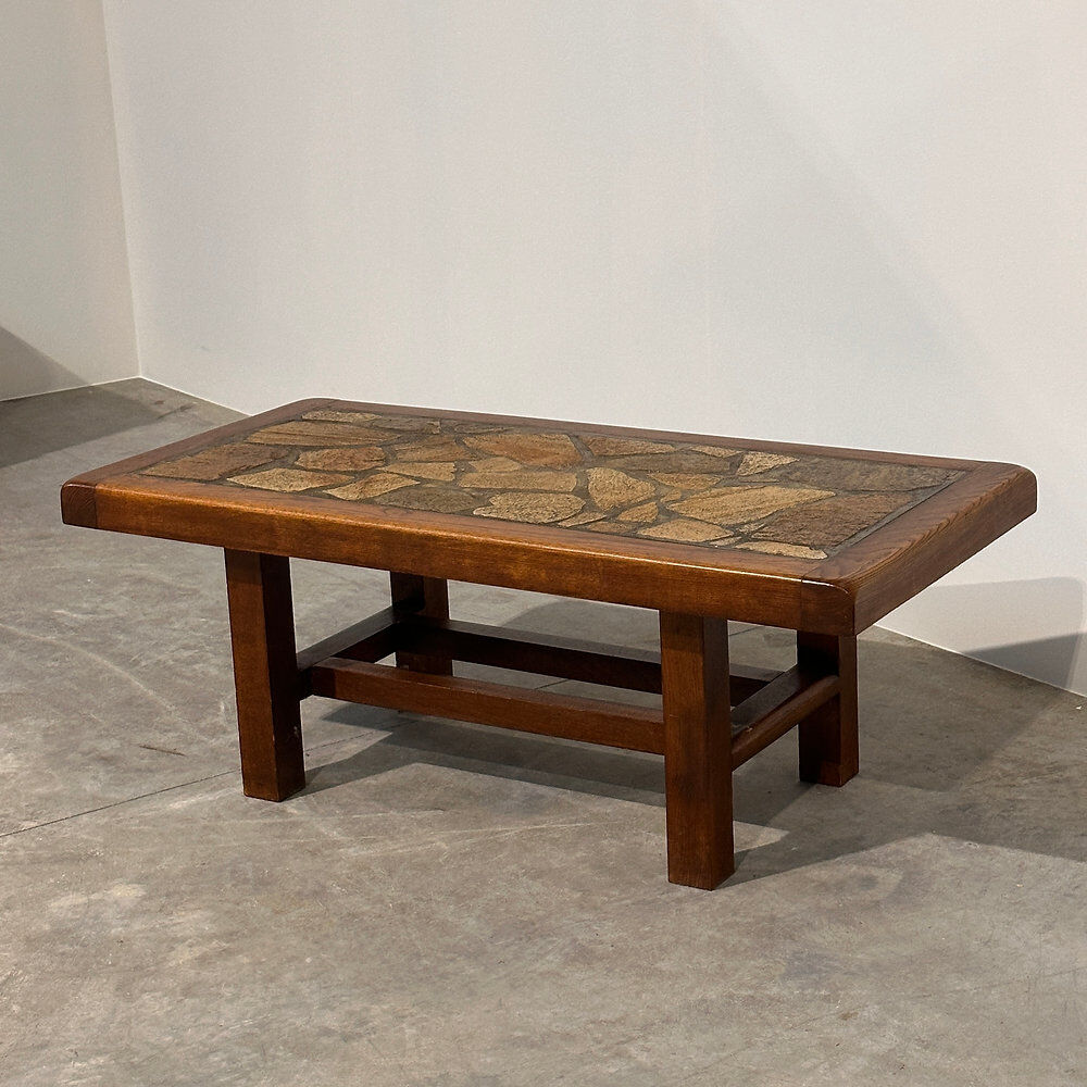 Vintage brutalist stone mosaic coffee table – solid wood, 1970s
