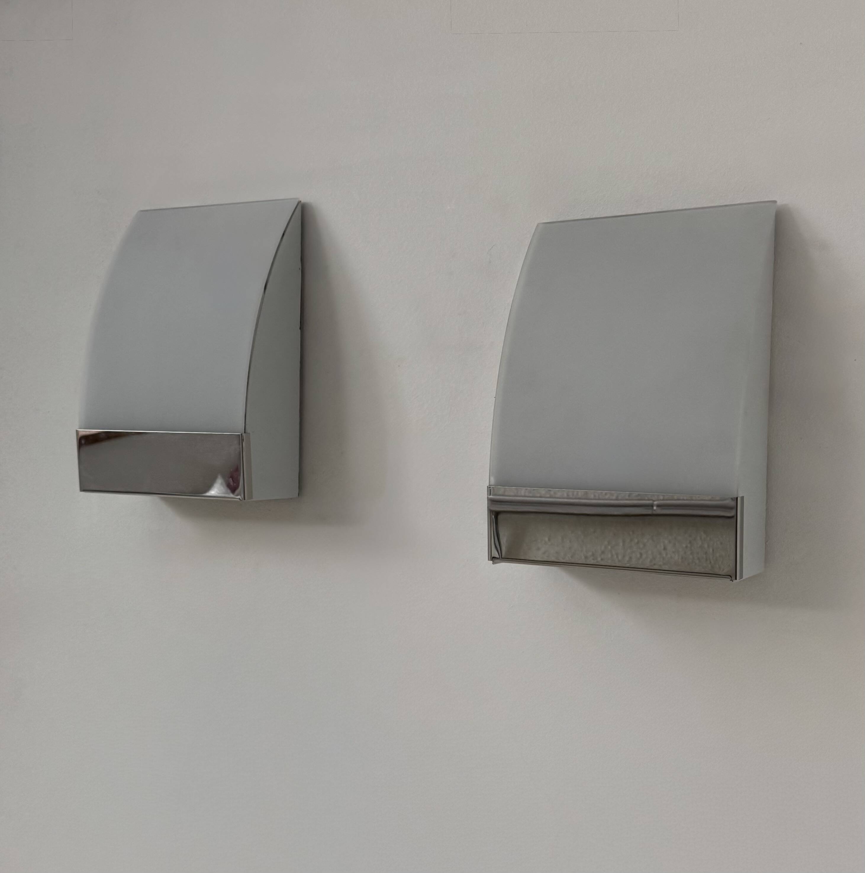 Pair of vintage wall lights, chrome-plated metal and frosted glass, France, 1980