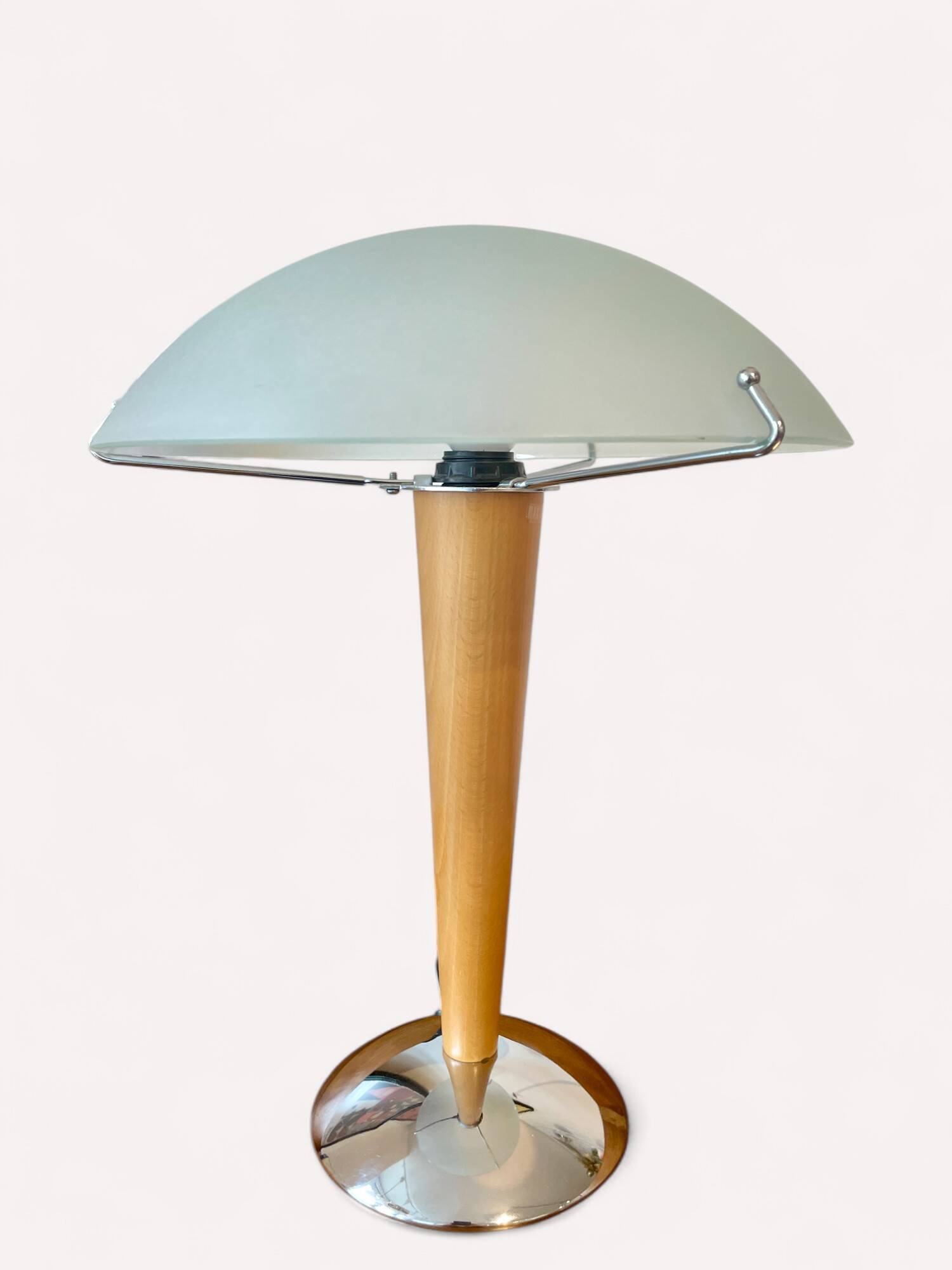 Chrome and wood mushroom lamp