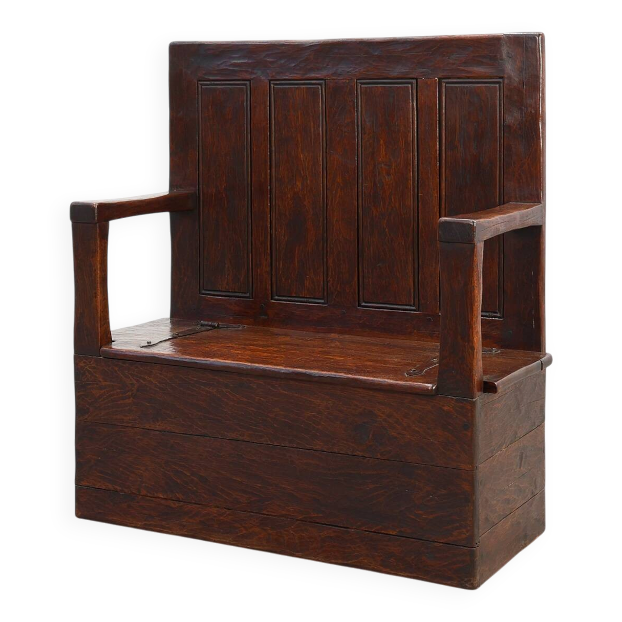 Rustic solid oak carved bench with storage compartment, France 19th century