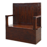 Rustic solid oak carved bench with storage compartment, France 19th century
