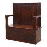 Rustic solid oak carved bench with storage compartment, France 19th century