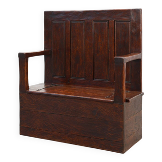 Rustic solid oak carved bench with storage compartment, France 19th century