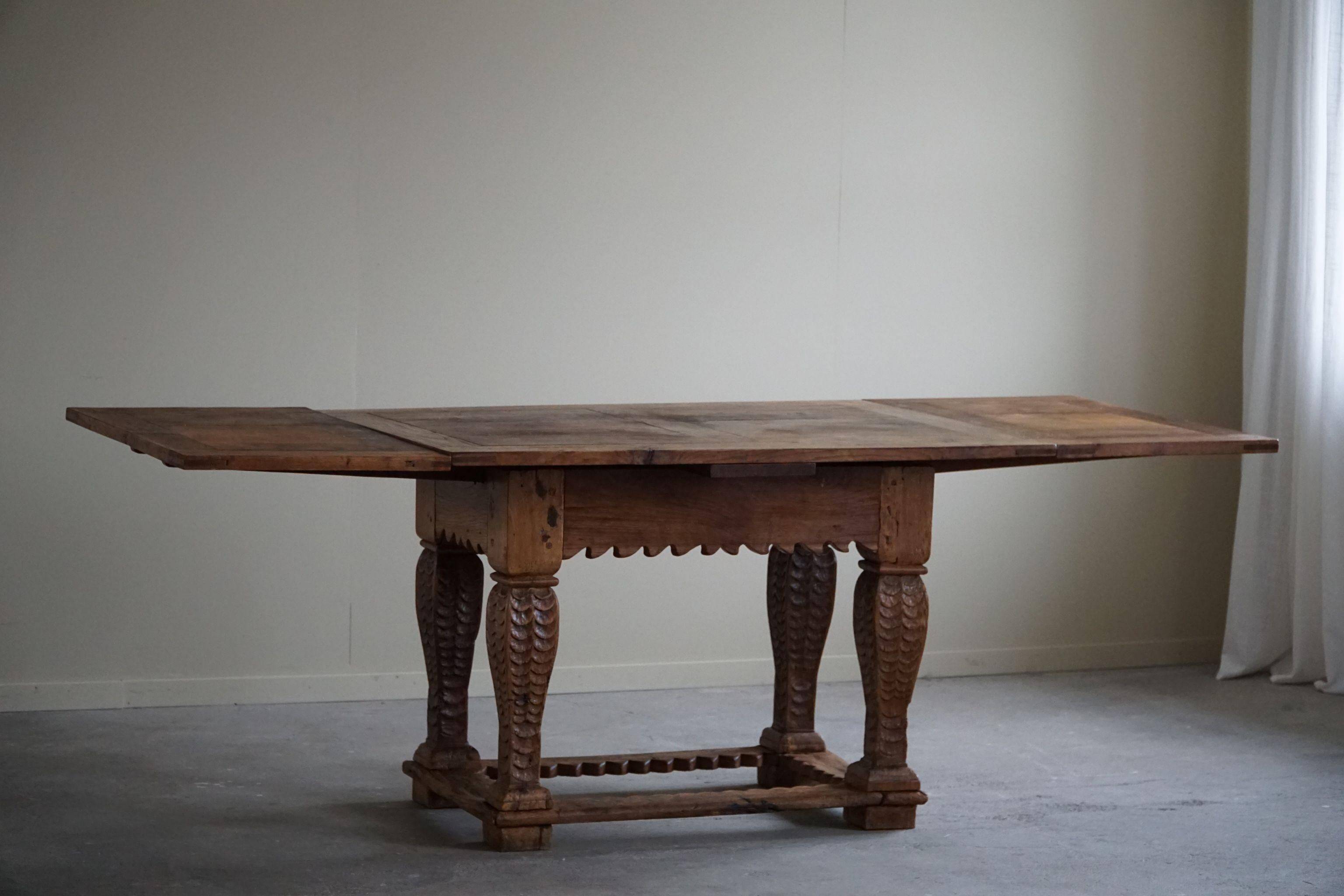 Antique Baroque dining table/desk in oak, Danish cabinetmaker, 19th century.
