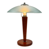 Lampe de table champignon vintage, bois de cerisier et verre dépoli