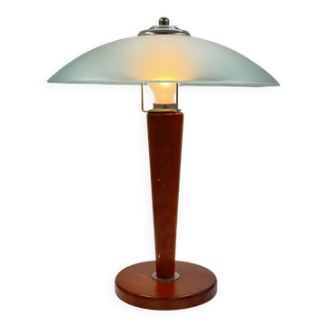Lampe de table champignon vintage, bois de cerisier et verre dépoli