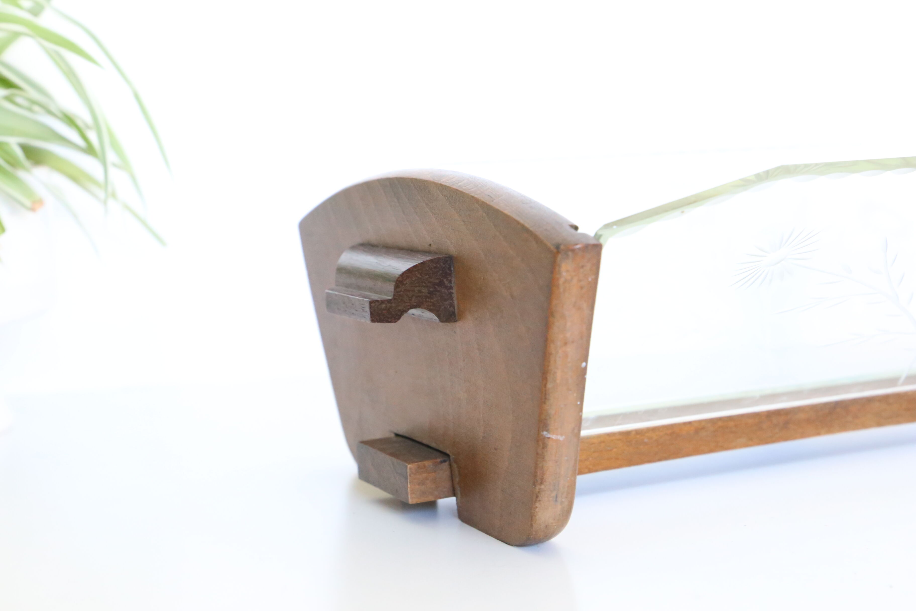 Trinket bowl wooden and glass with chiseled ornaments