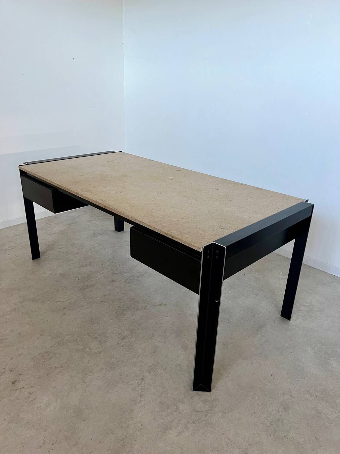 Italian design postmodern desk in metal and vintage 80s travertine top