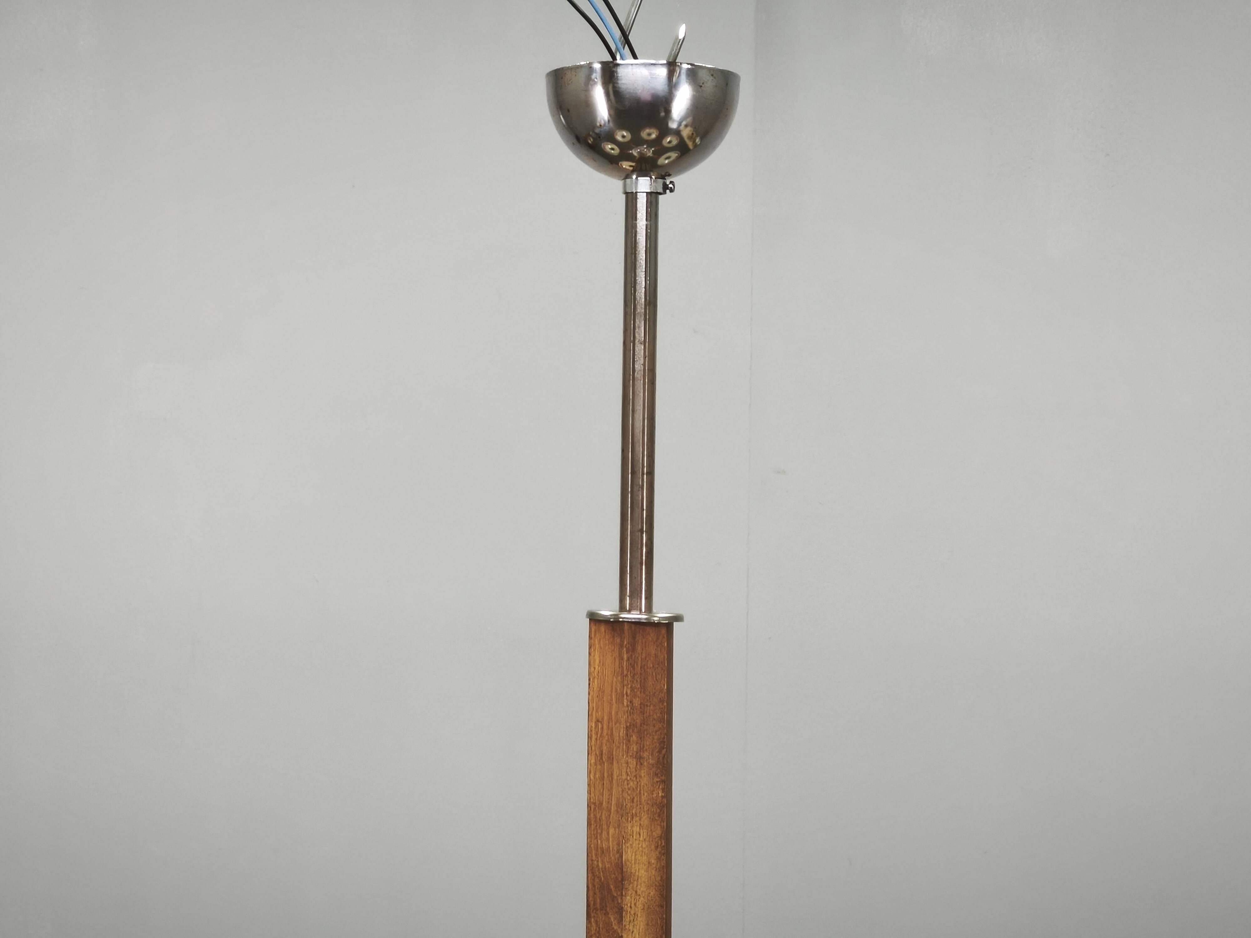 Large Art Deco Chrome, Wood and Glass Six-Light Chandelier, 1930s