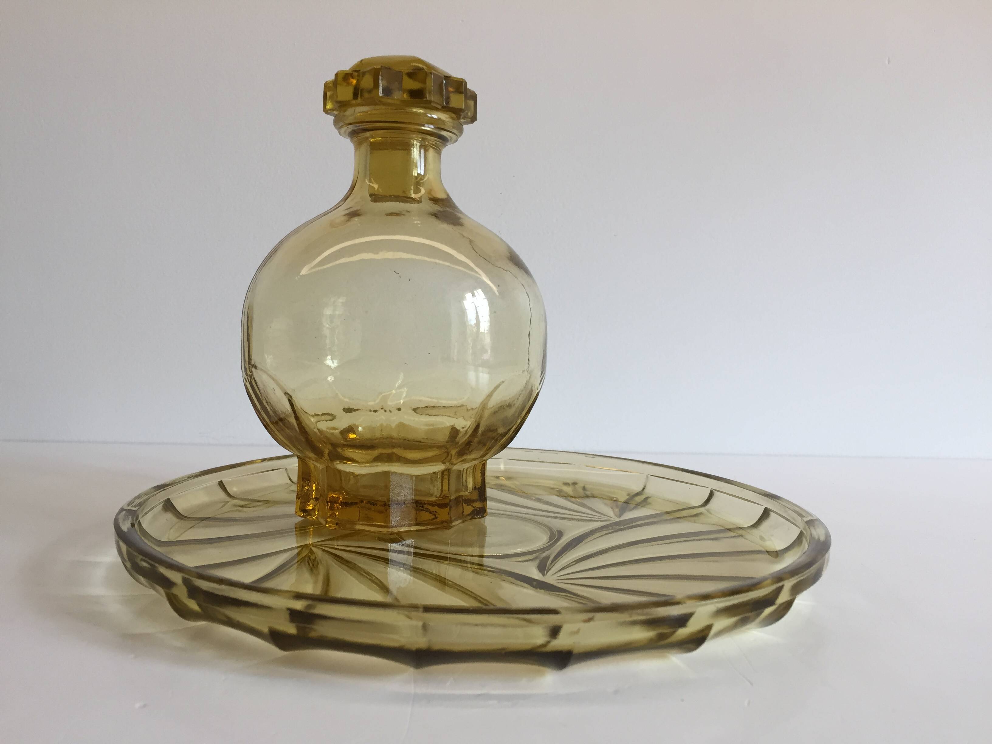 ART DECO Tray and Carafe Amber Yellow Glass