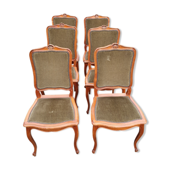6 Louis XV style chairs in olive green velvet